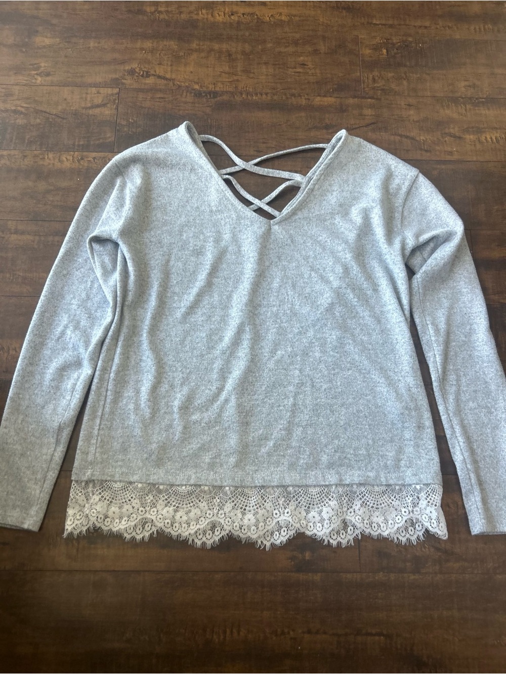 ✨ 3/$25 ✨ Light Gray Lace-Hem Long Sleeve V-Neck Top with Crisscross Straps